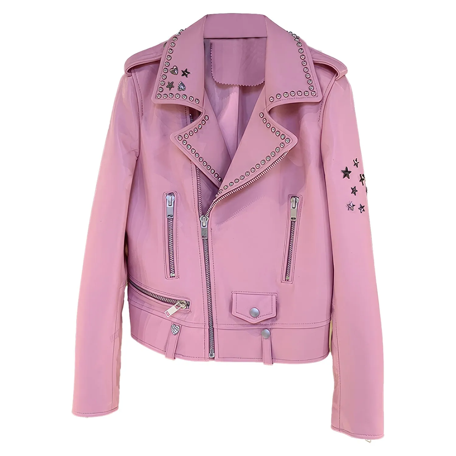 : Women’s Pink Biker Genuine Sheepskin Lapel Studded Collar Celebrity Style Sporty Café Racer Slim Fit Leather Jacket