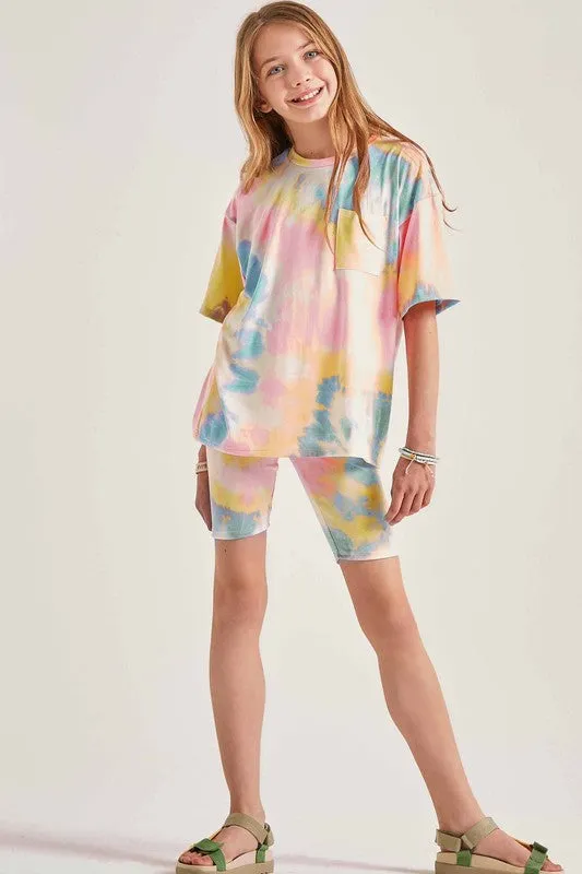 Aqua Tie Dye Print Top and Biker Pants Set