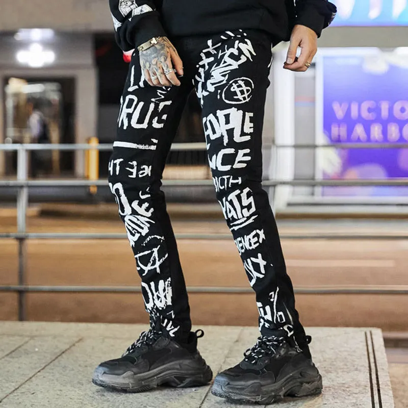 Biker Graffiti Denim Skinny Jeans Pants