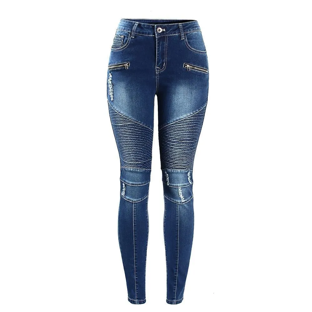 Biker Zip High Waist Stretch Denim Skinny Pants