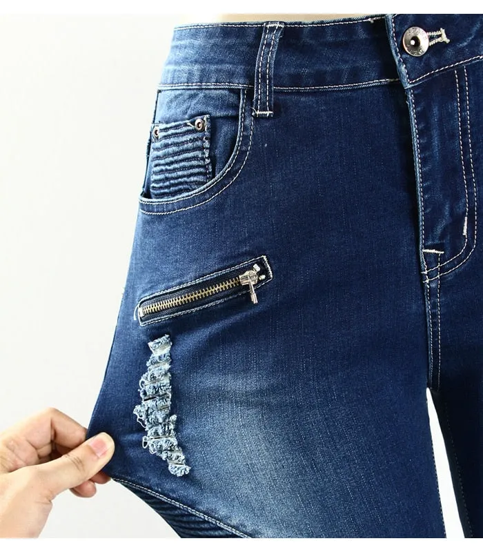 Biker Zip High Waist Stretch Denim Skinny Pants