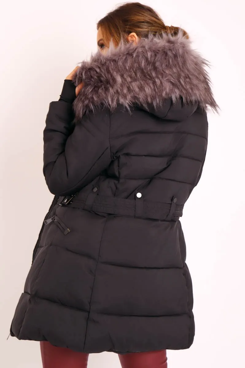 Black Adjustable Waist Longline Puffer Coat - Zofia