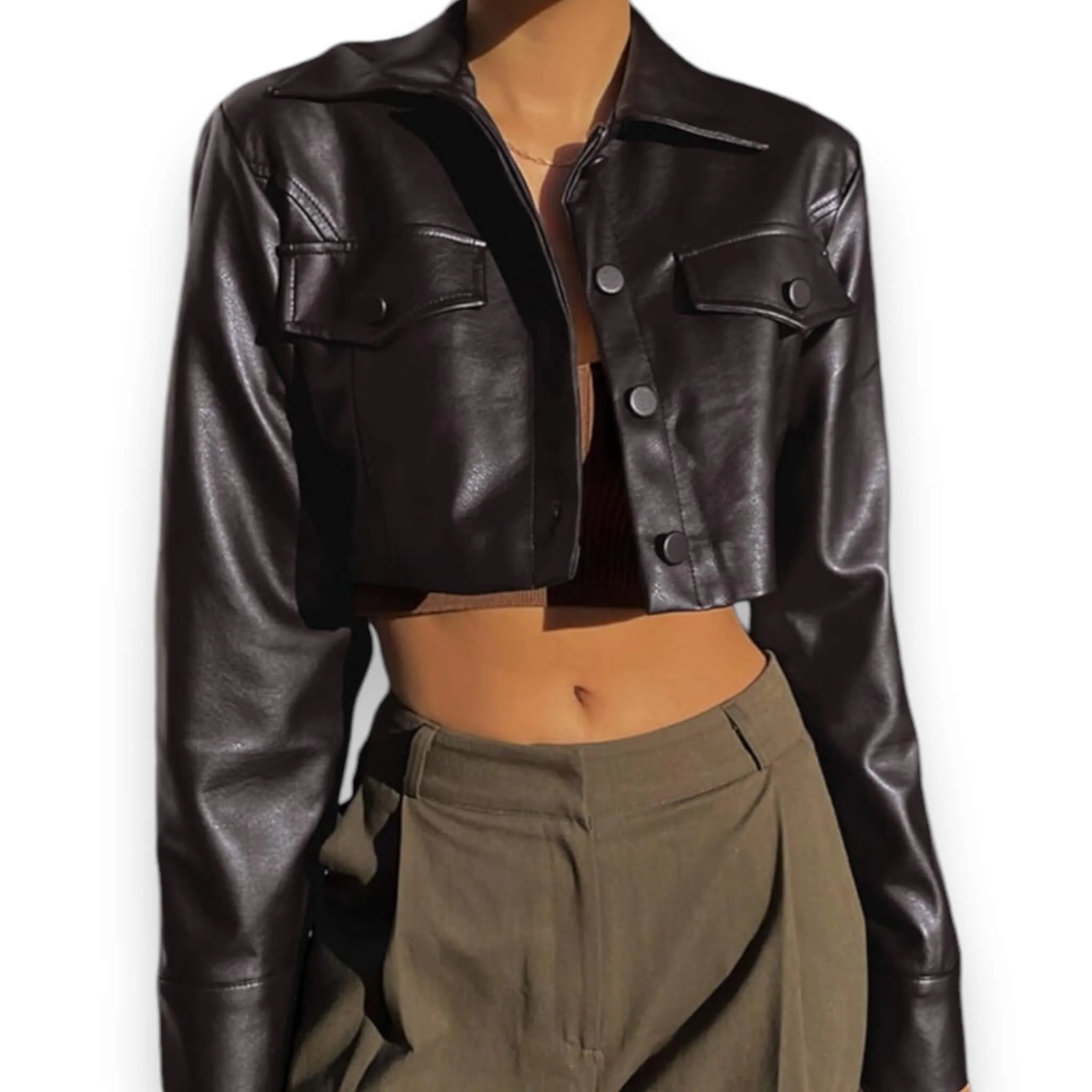 Black Button Up Cropped Bikers Jacket