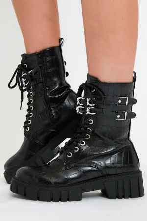 Black Faux Croc Leather Double Chain Biker Boots - Halee