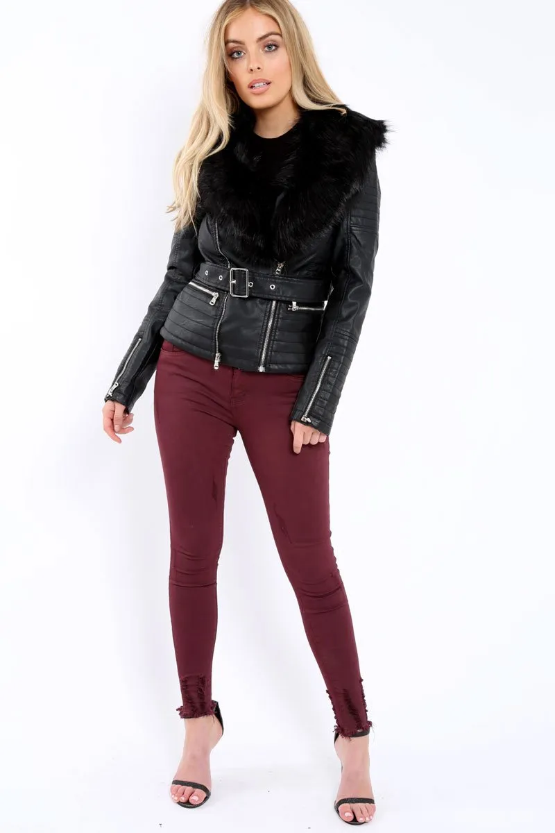 Black Faux Leather Biker Jacket with Fur Collar - Lindy