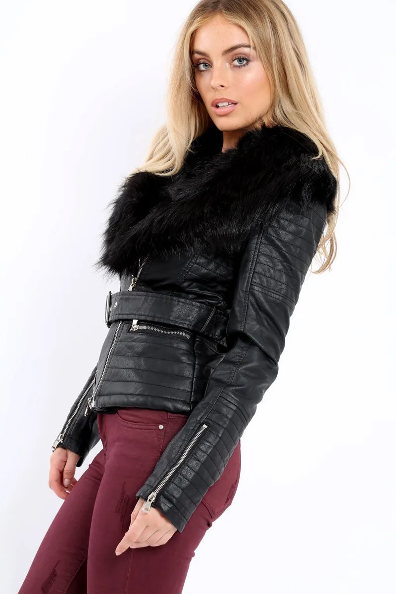 Black Faux Leather Biker Jacket with Fur Collar - Lindy