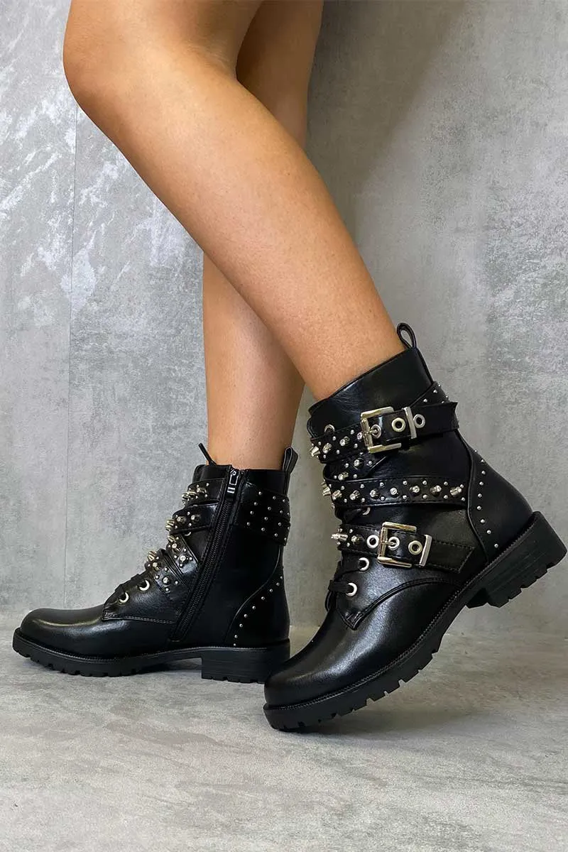 Black Faux Leather Buckle Stud Strap Biker Boots - Saina