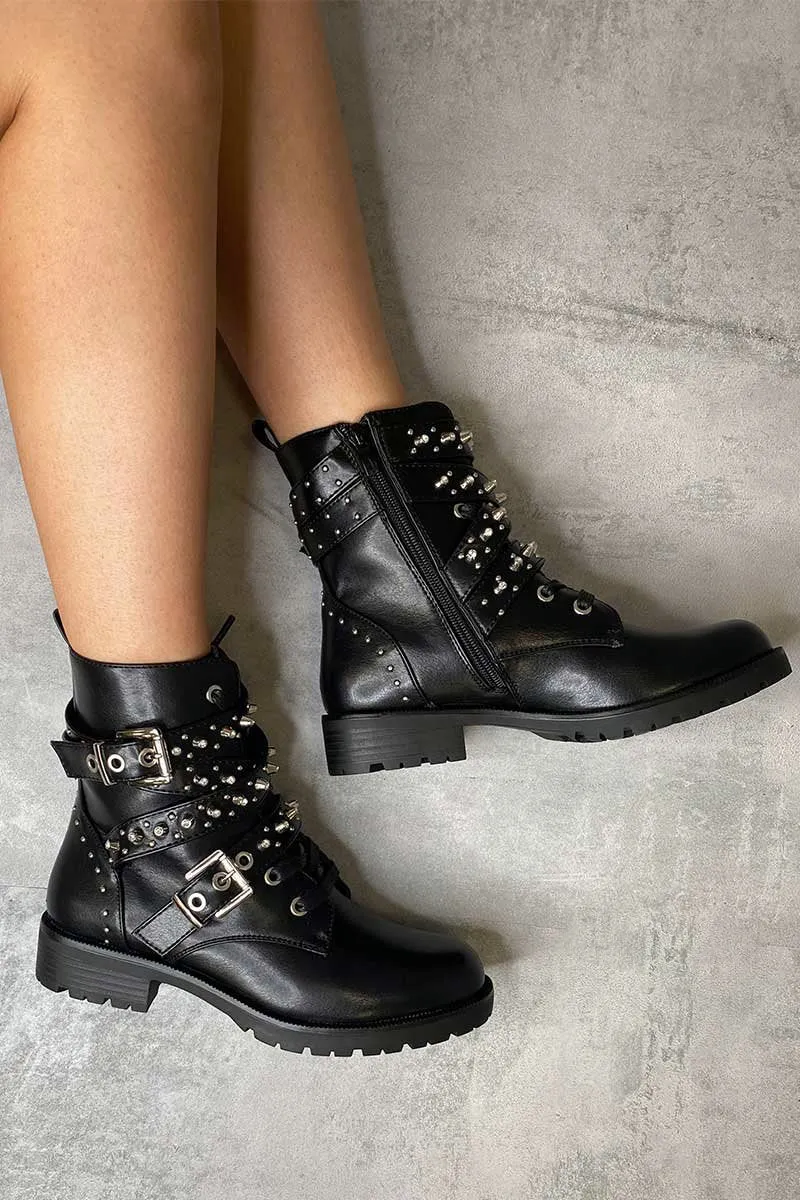 Black Faux Leather Buckle Stud Strap Biker Boots - Saina