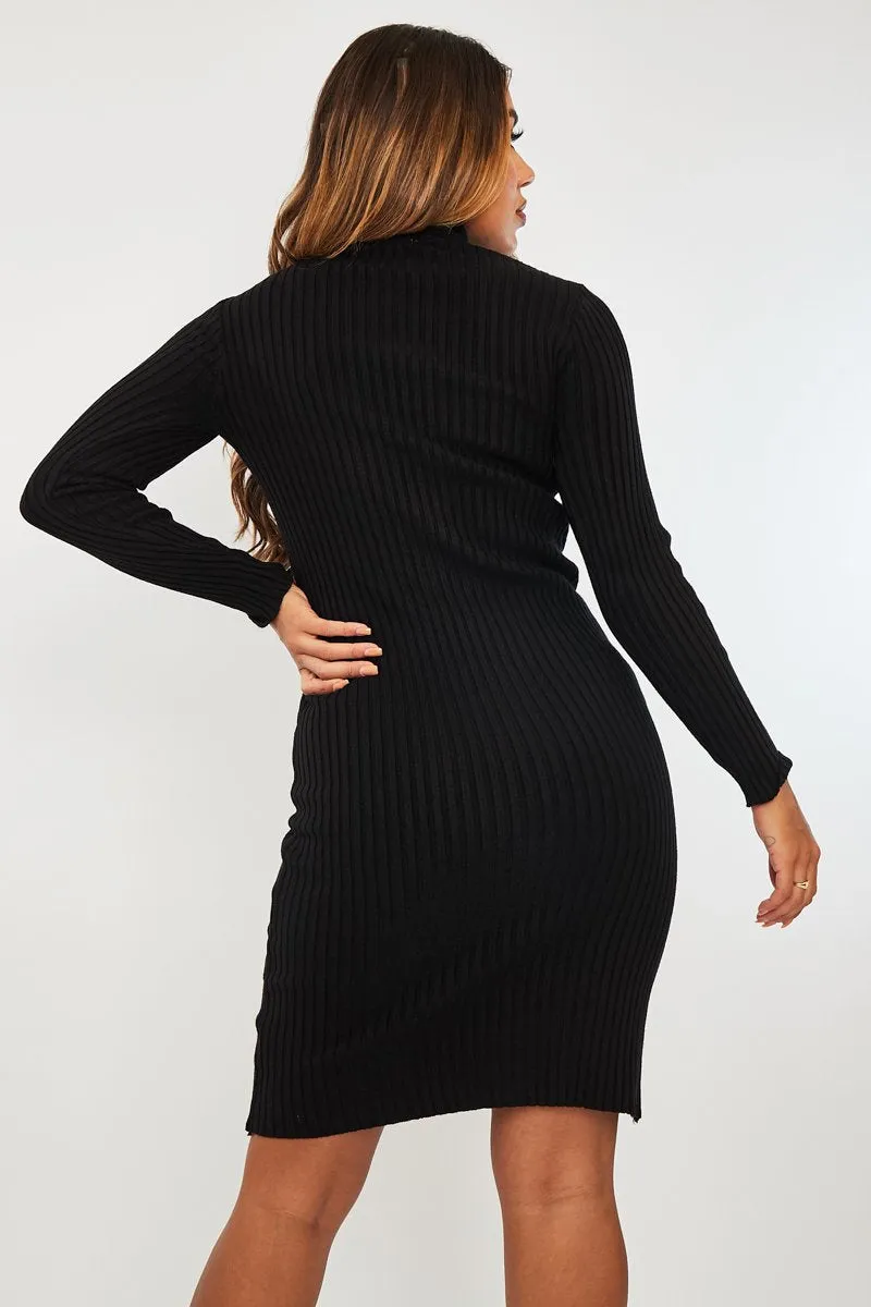 Black Ribbed Roll Neck Midi Dress - Ema