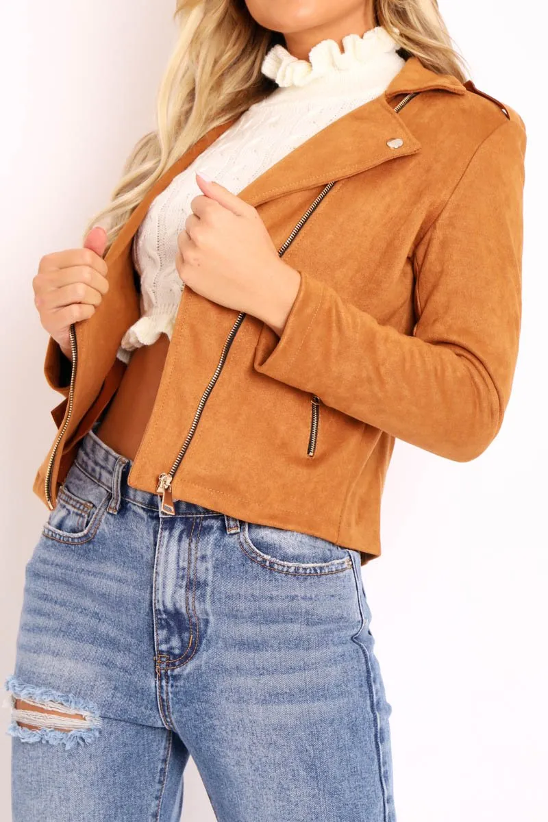 Camel Faux Suede Zip Front Biker Jacket - Isadora