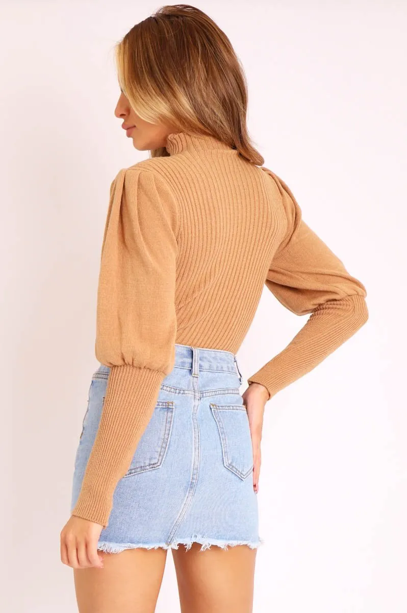 Camel High Neck Balloon Sleeve Jumper - Harriet