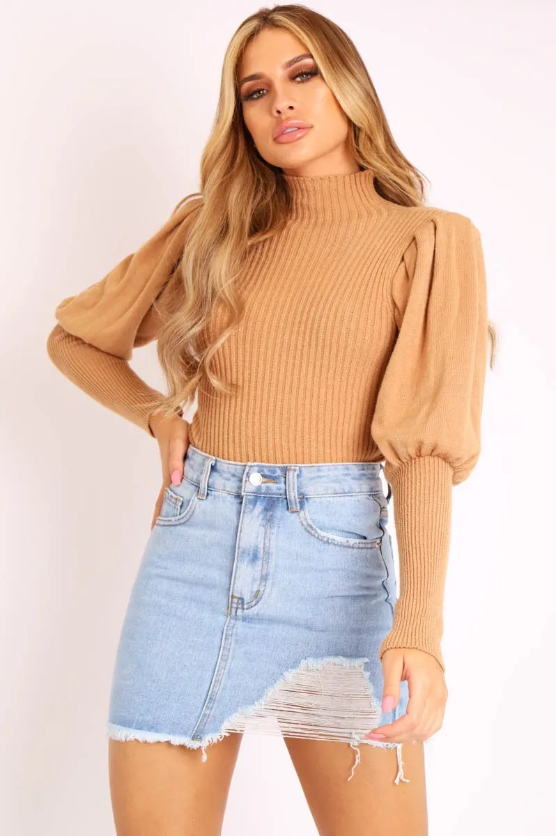 Camel High Neck Balloon Sleeve Jumper - Harriet