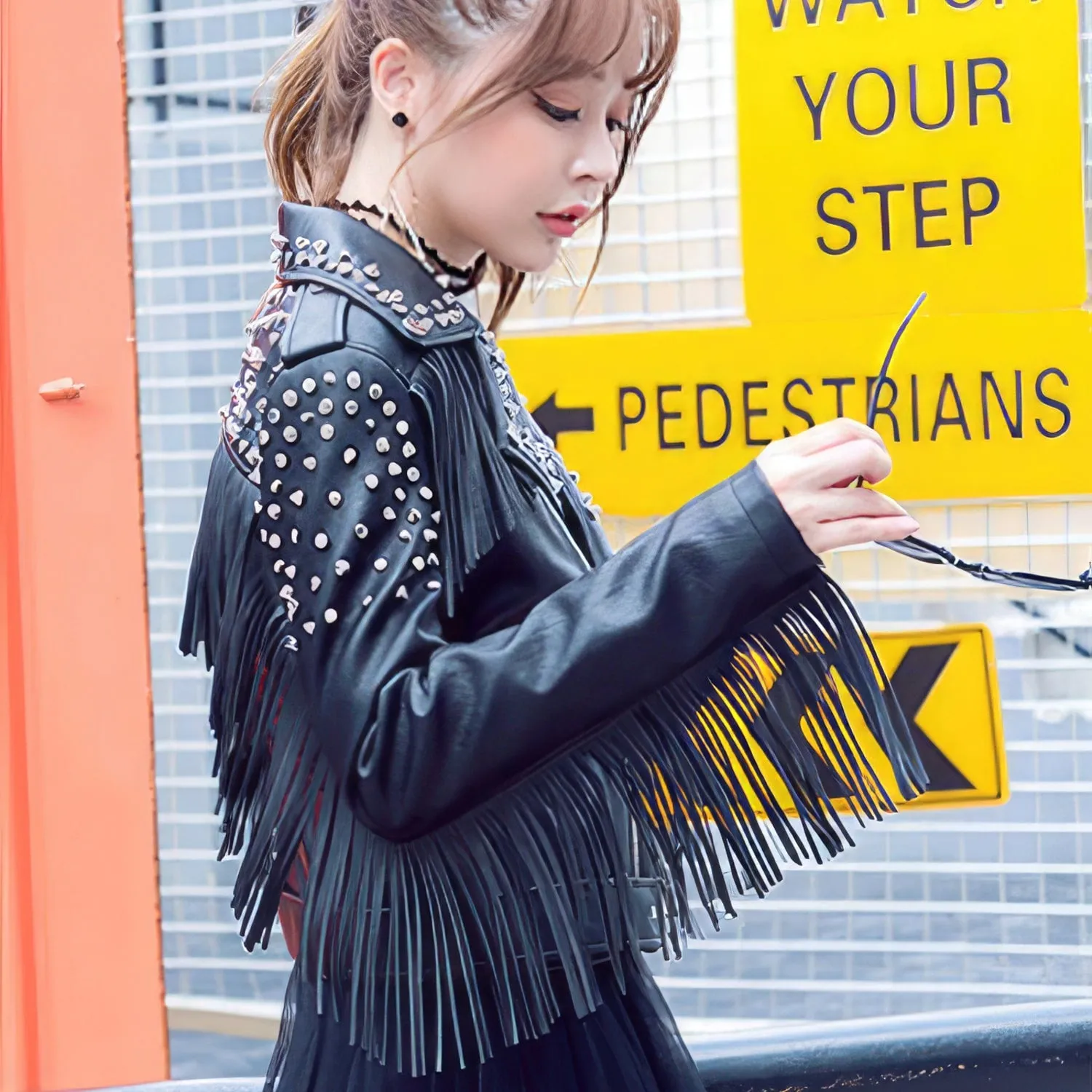 Classic Streetwear: Women's Black Biker Leather Jacket with Genuine Sheepskin, Tassels, Beaded Details, and Asymmetric Fringe