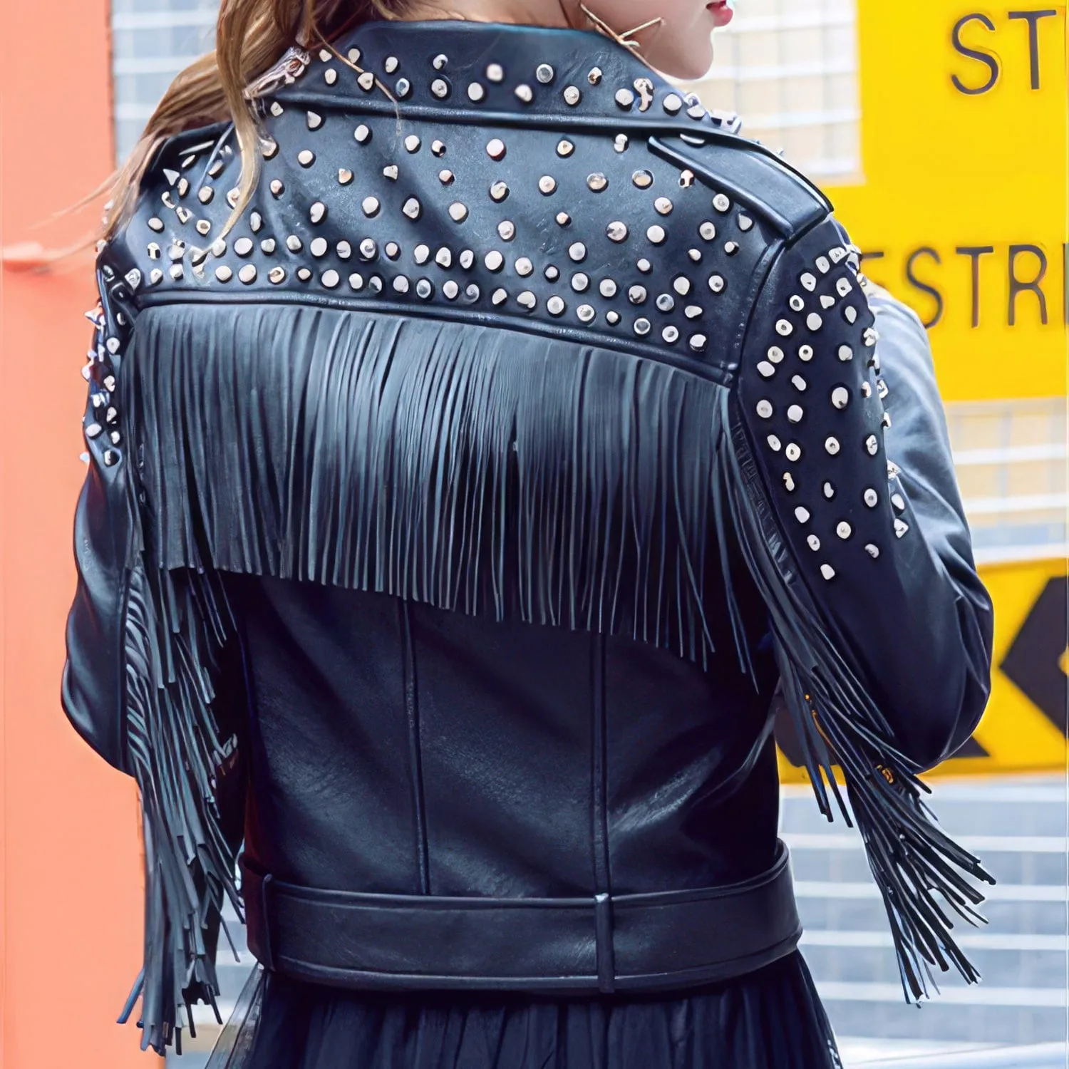 Classic Streetwear: Women's Black Biker Leather Jacket with Genuine Sheepskin, Tassels, Beaded Details, and Asymmetric Fringe