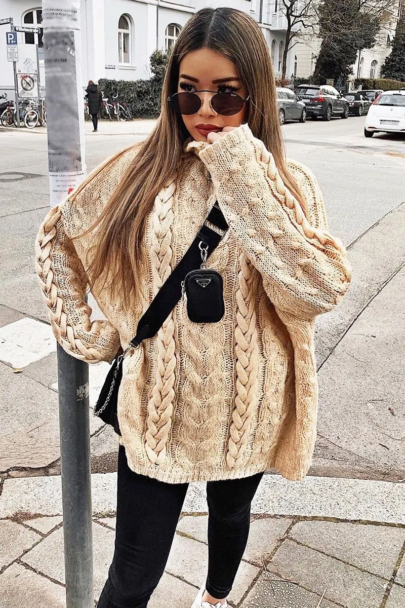 Cream Cable Knit High Neck Oversized Jumper - Kiyla