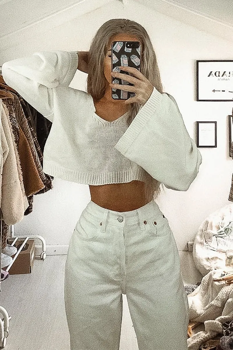 Cream Scoop Neck Knitted Cropped Jumper - Livvy