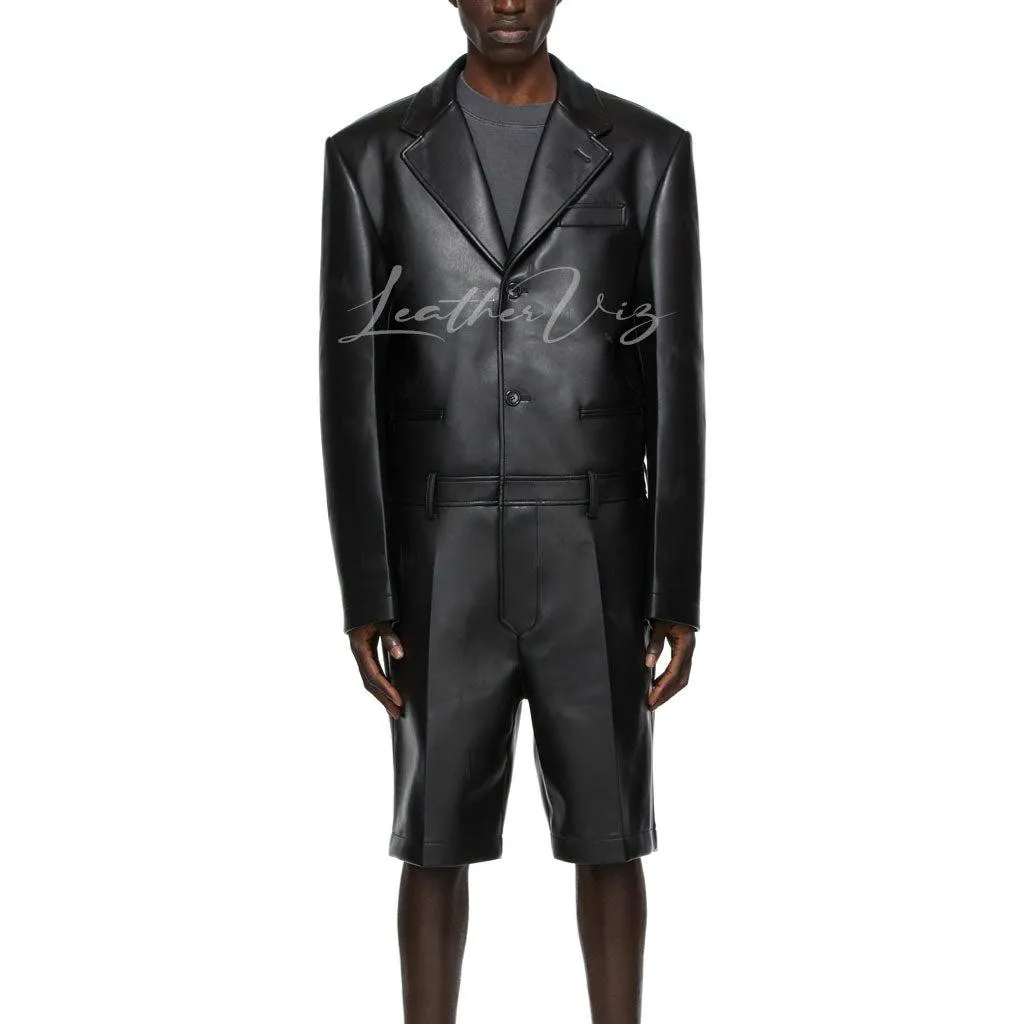 Cropped Length Men Black Leather Jumpsuit