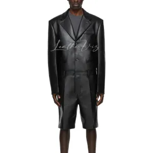 Cropped Length Men Black Leather Jumpsuit