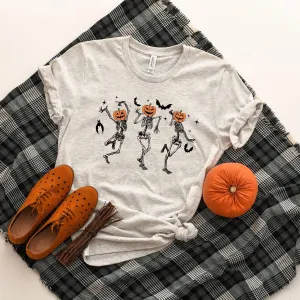 Dancing Skeleton Pumpkins Graphic Ash Short Sleeve Tee