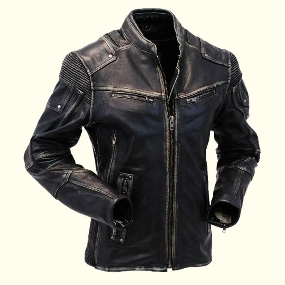 Distressed Leather Biker Jacket