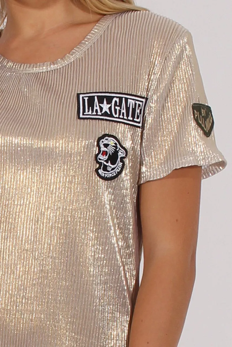 Gold Metallic Pleated Badge Tee Dress - Lili