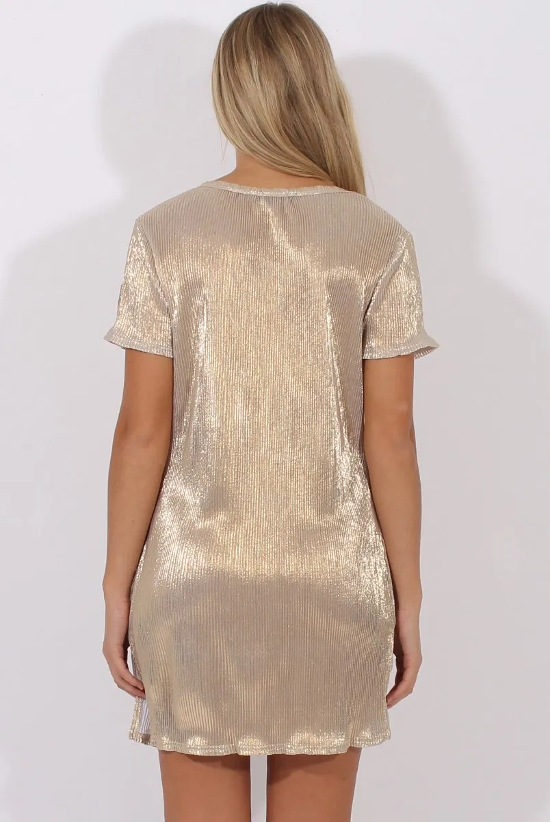 Gold Metallic Pleated Badge Tee Dress - Lili