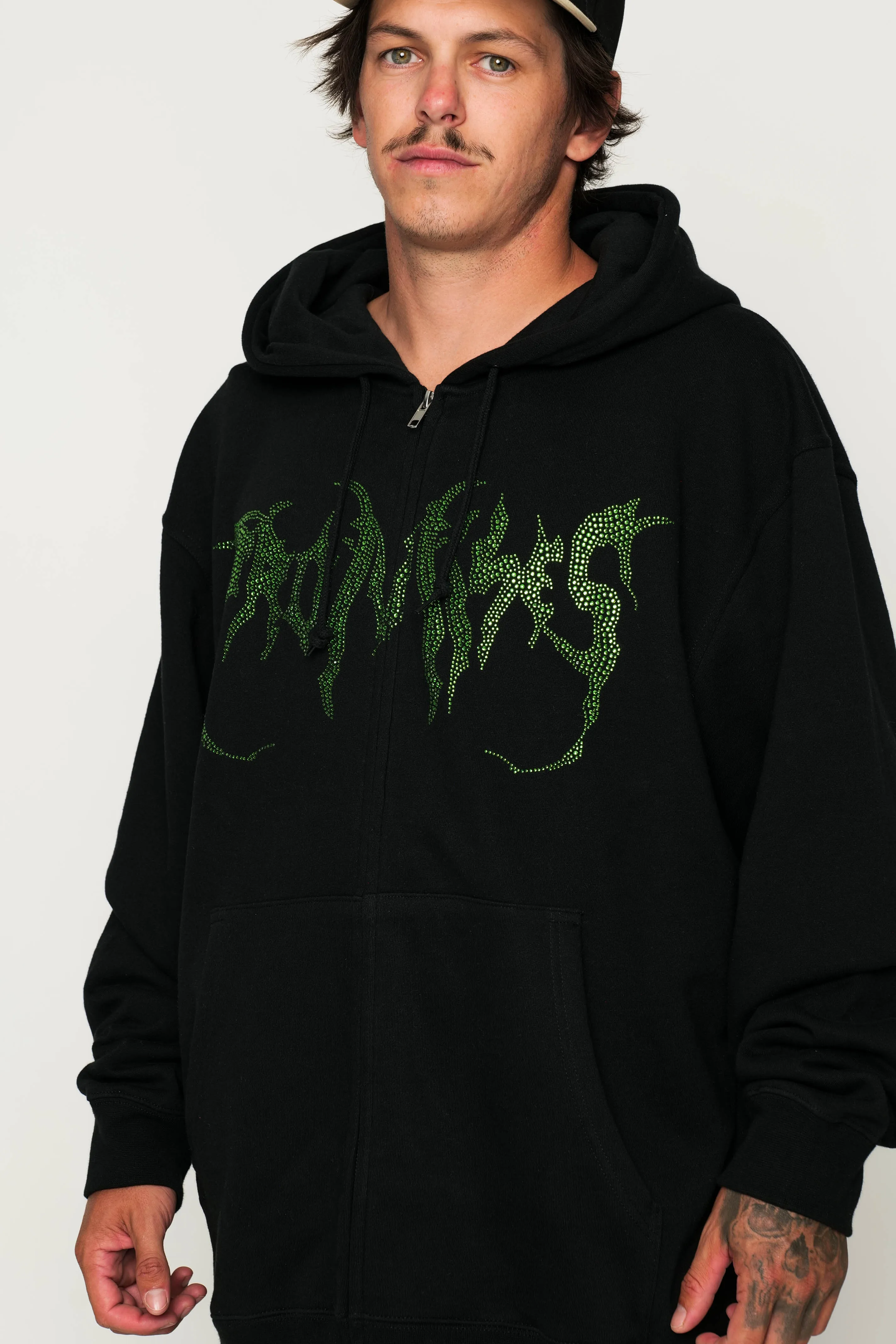 Graveyard Green Rhinestone Hoodie Black