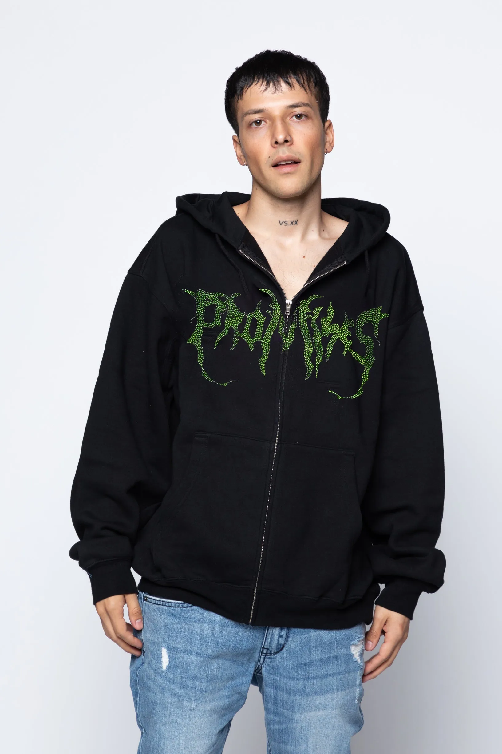 Graveyard Green Rhinestone Hoodie Black