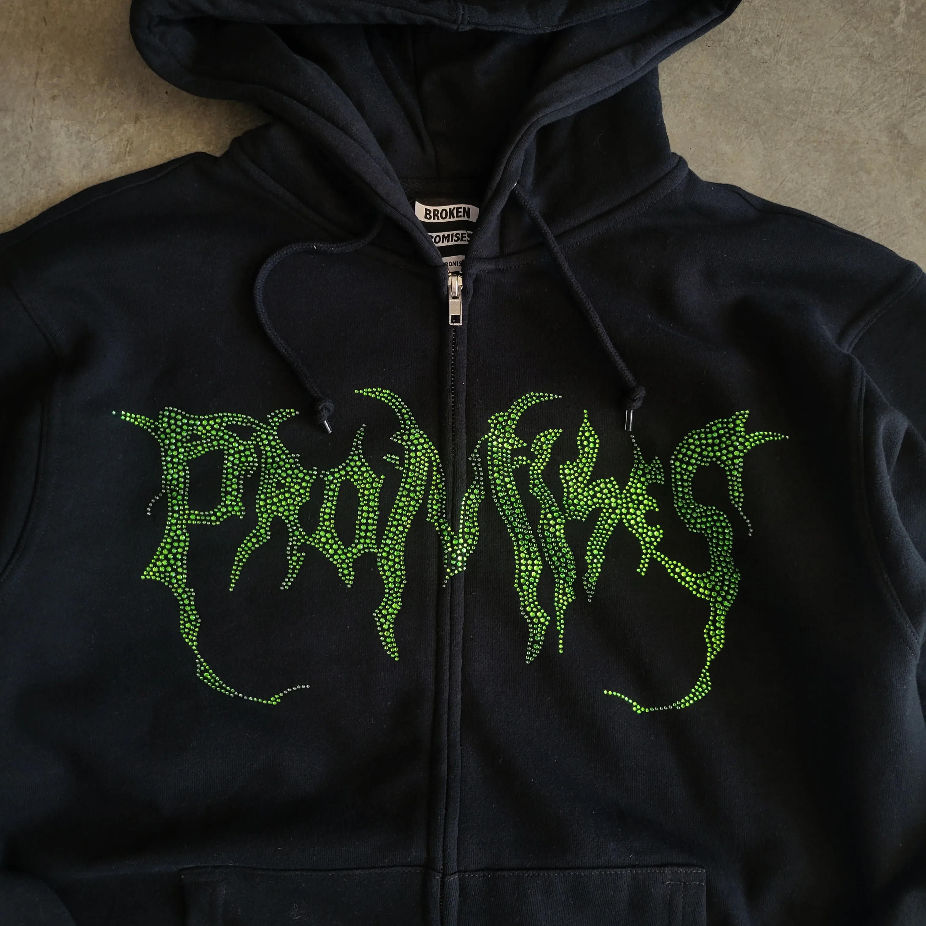 Graveyard Green Rhinestone Hoodie Black