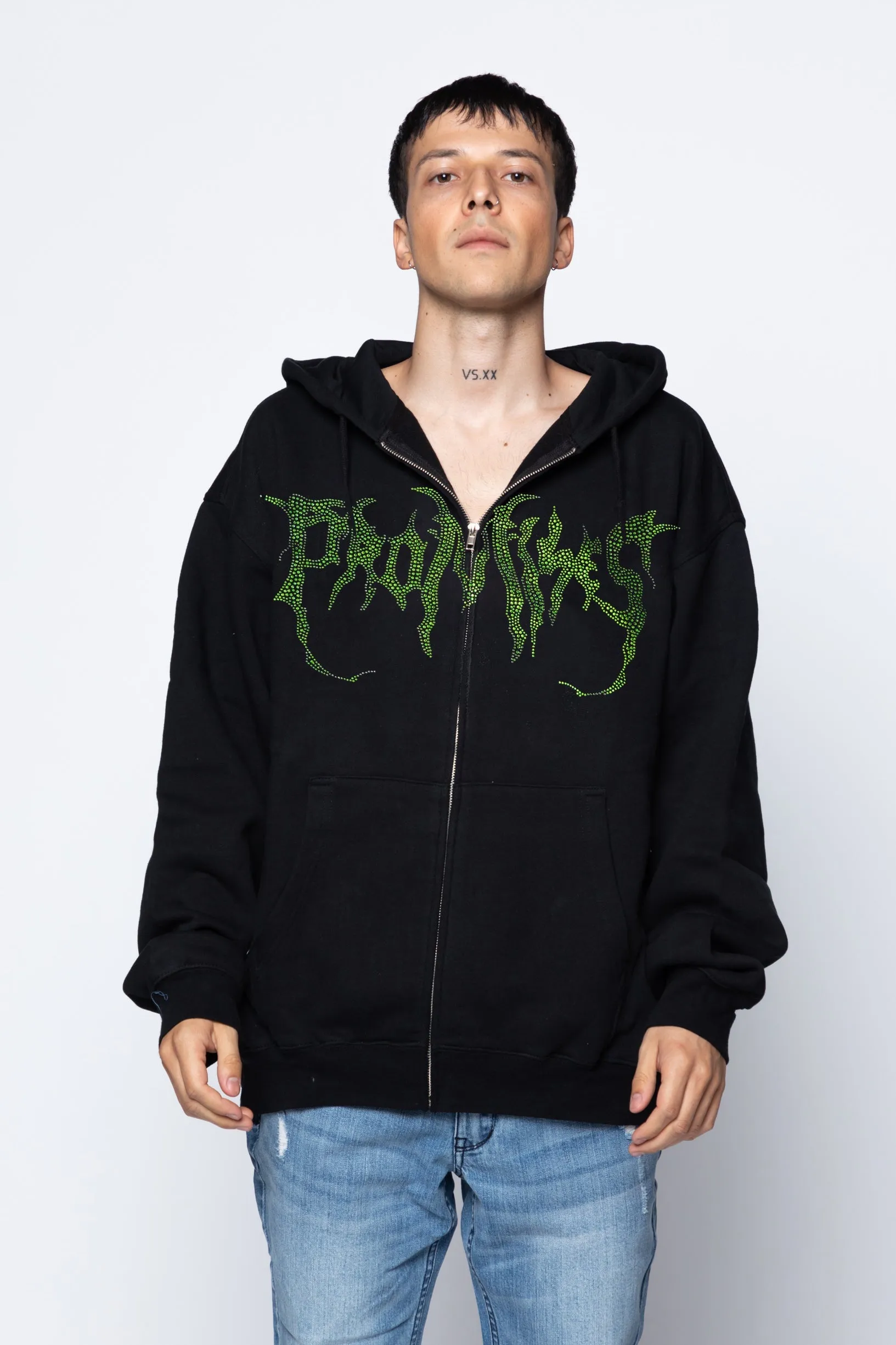 Graveyard Green Rhinestone Hoodie Black