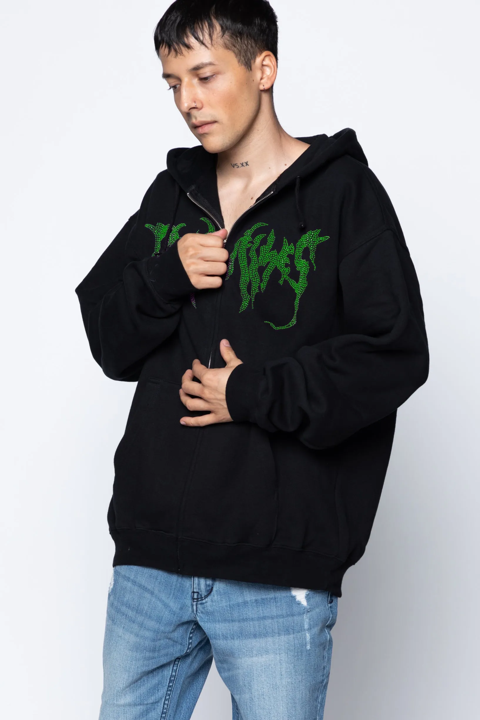 Graveyard Green Rhinestone Hoodie Black