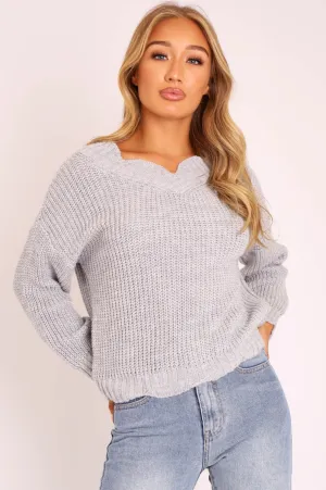 Grey Knitted Scallop Edge Plunge Neckline Jumper - Lylia