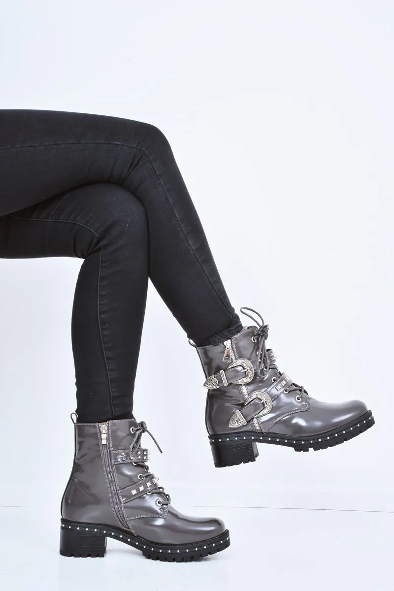 Grey Patent Stud Buckle Detail Biker Boots - Raylea