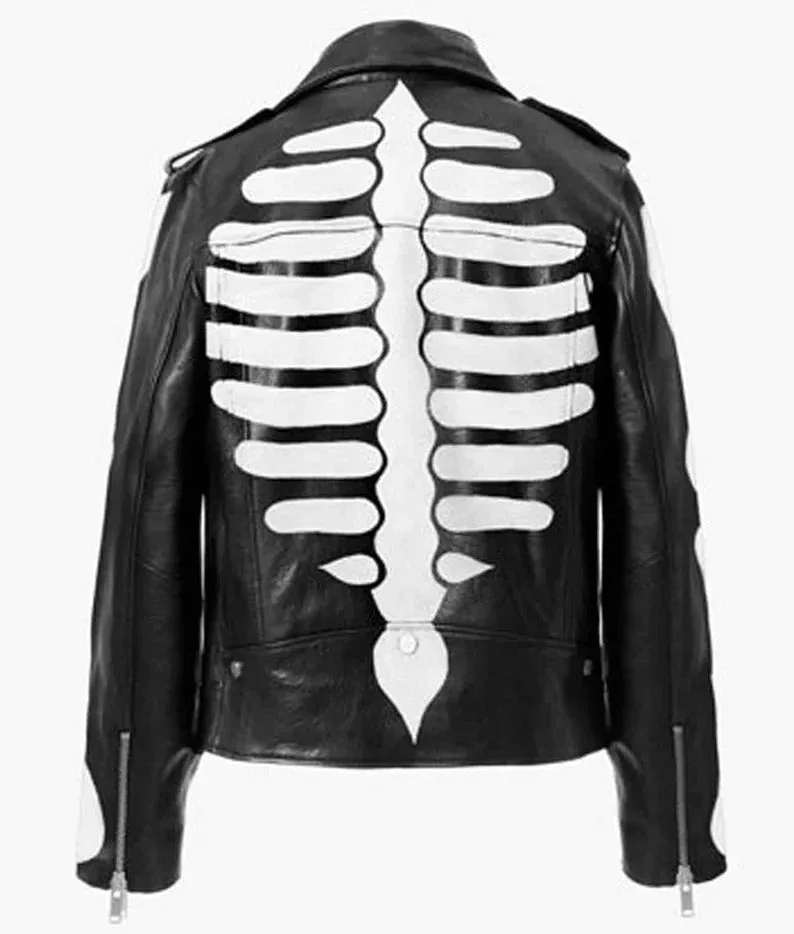 Handmade Men's Black Skeleton Motorcycle Jacket - Genuine Cowhide Leather