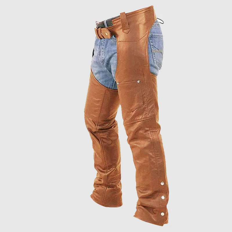 High Quality Men's Brown Genuine Leather Chaps Biker pants