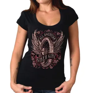 Hot Leathers GLC1518 Women's Black All American Biker Girl Scoop Neck Printed T-Shirt