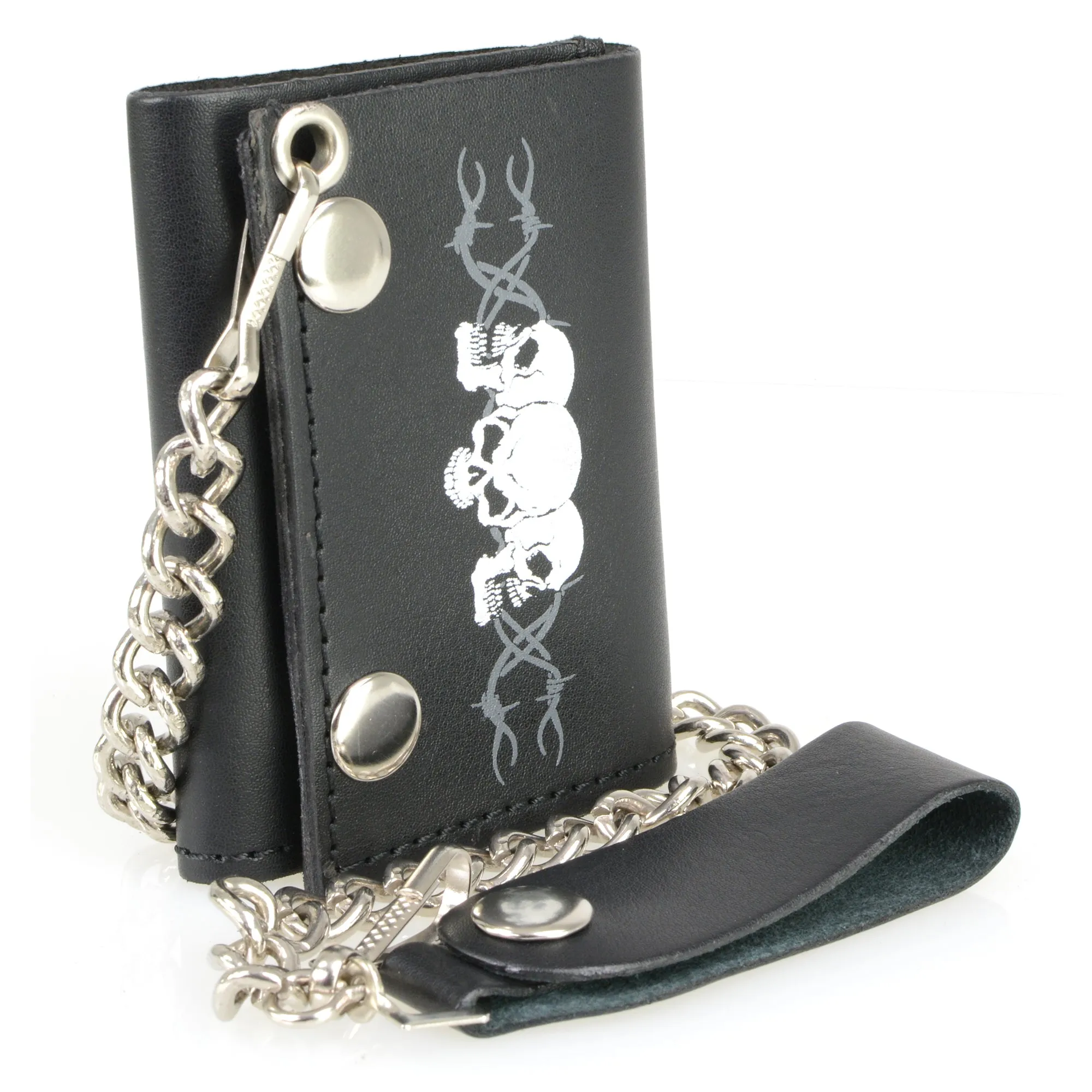 Hot Leathers WLB1014 Barbed Wire Skulls Black Leather Wallet with Chain