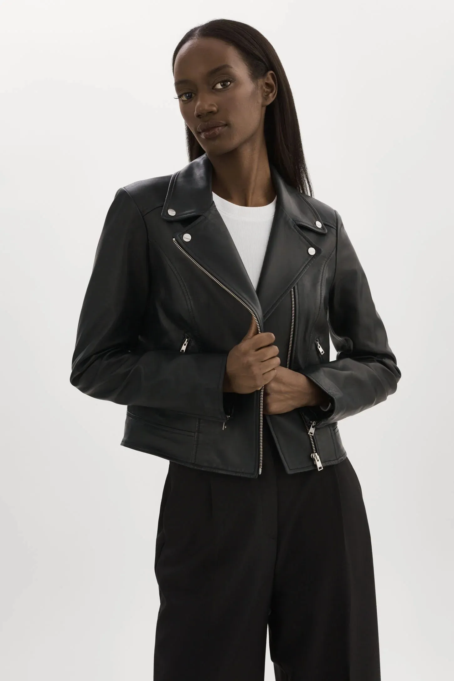 Kelsey Leather Biker Jacket | Black / Silver