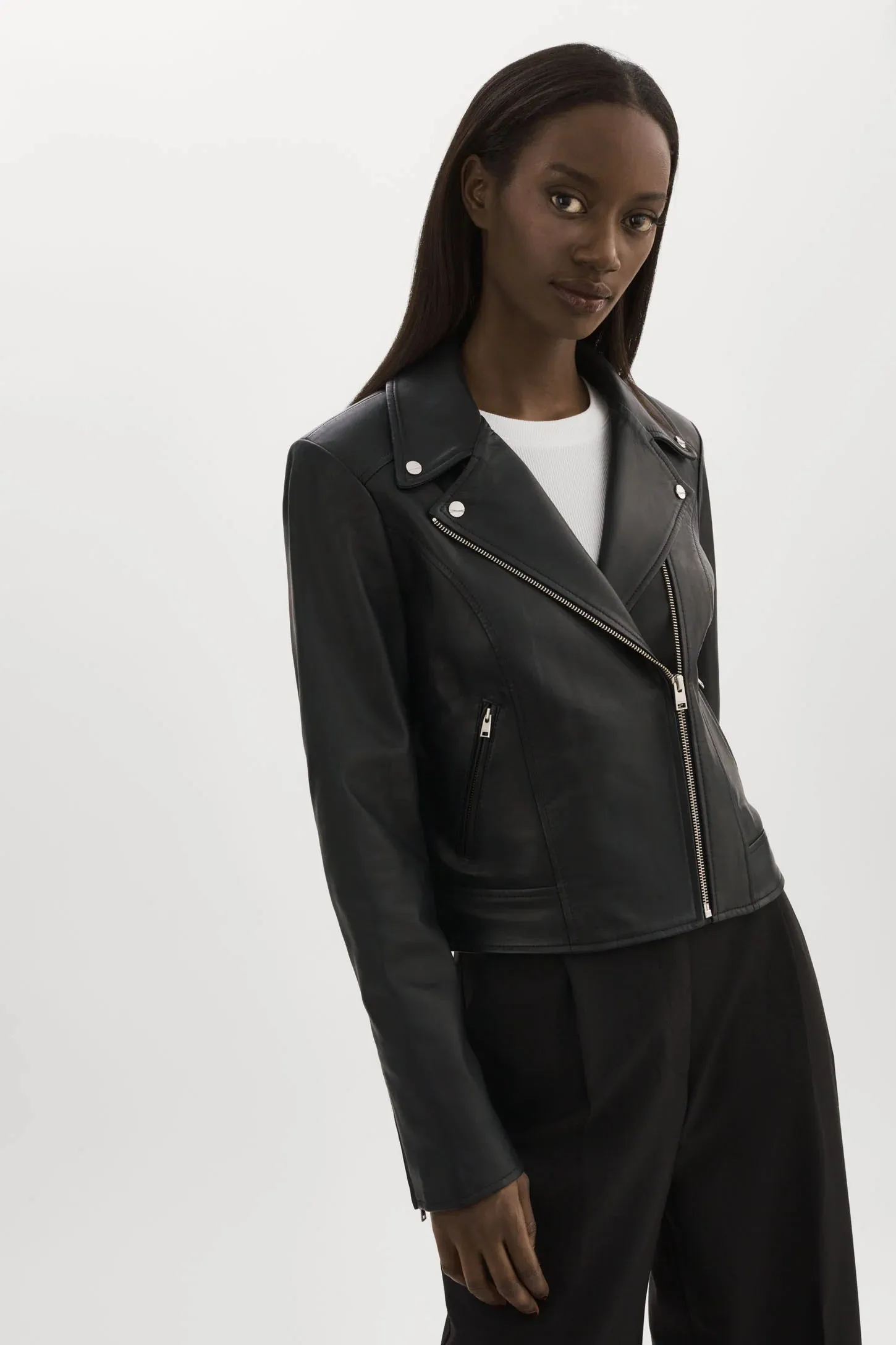 Kelsey Leather Biker Jacket | Black / Silver