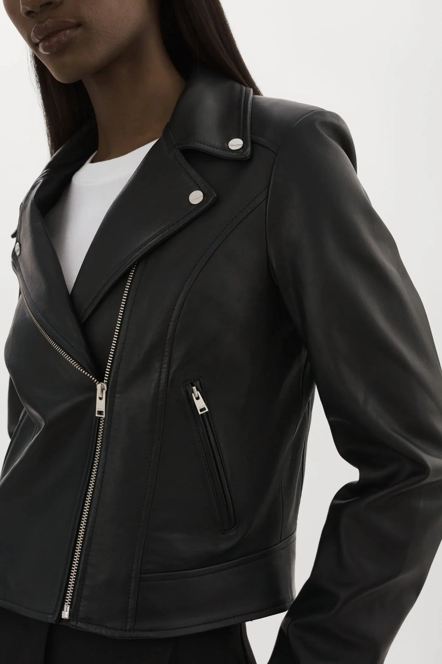 Kelsey Leather Biker Jacket | Black / Silver