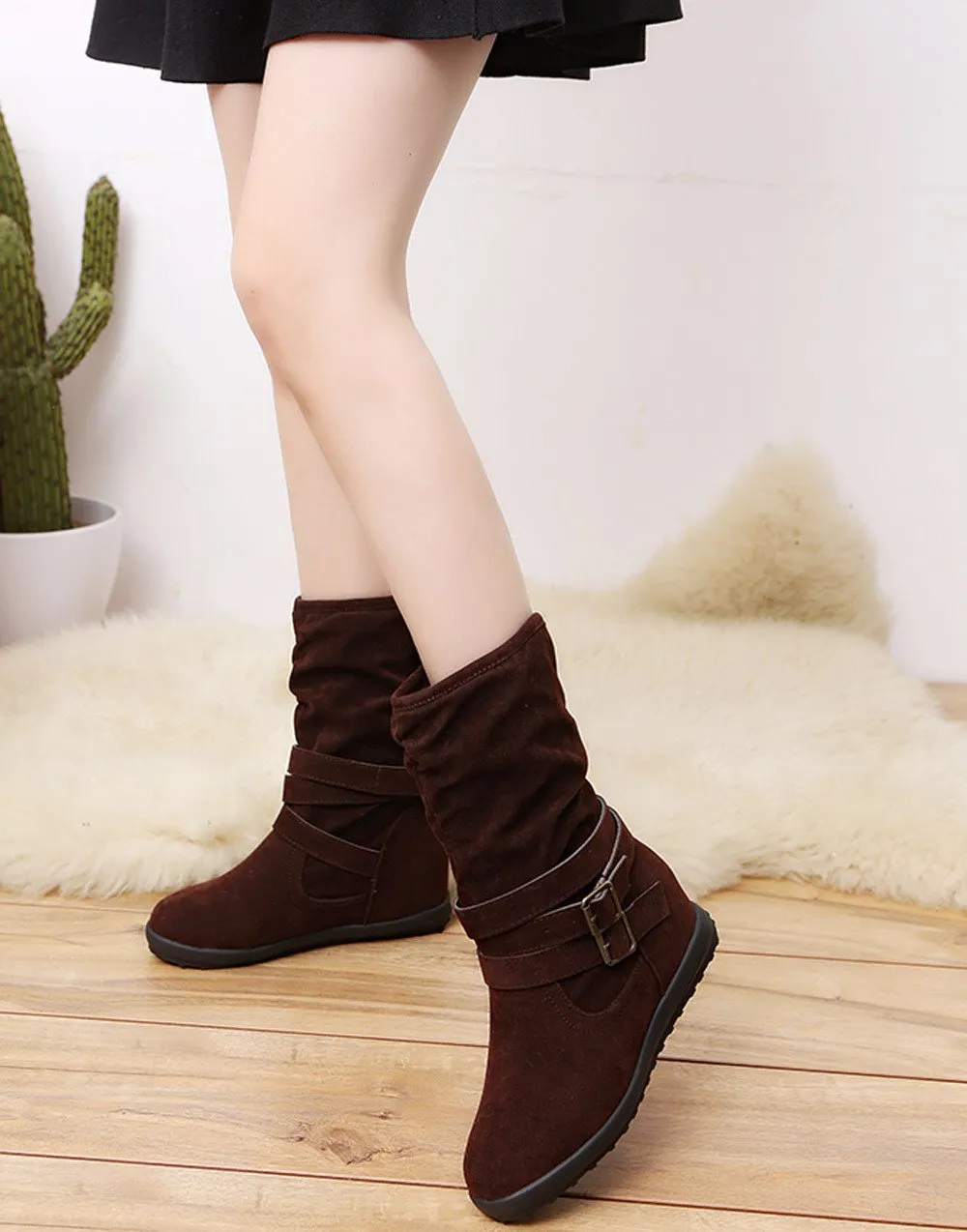 Ladies Womens Low Wedge Buckle Biker Ankle Trim Flat Ankle Boots Shoes