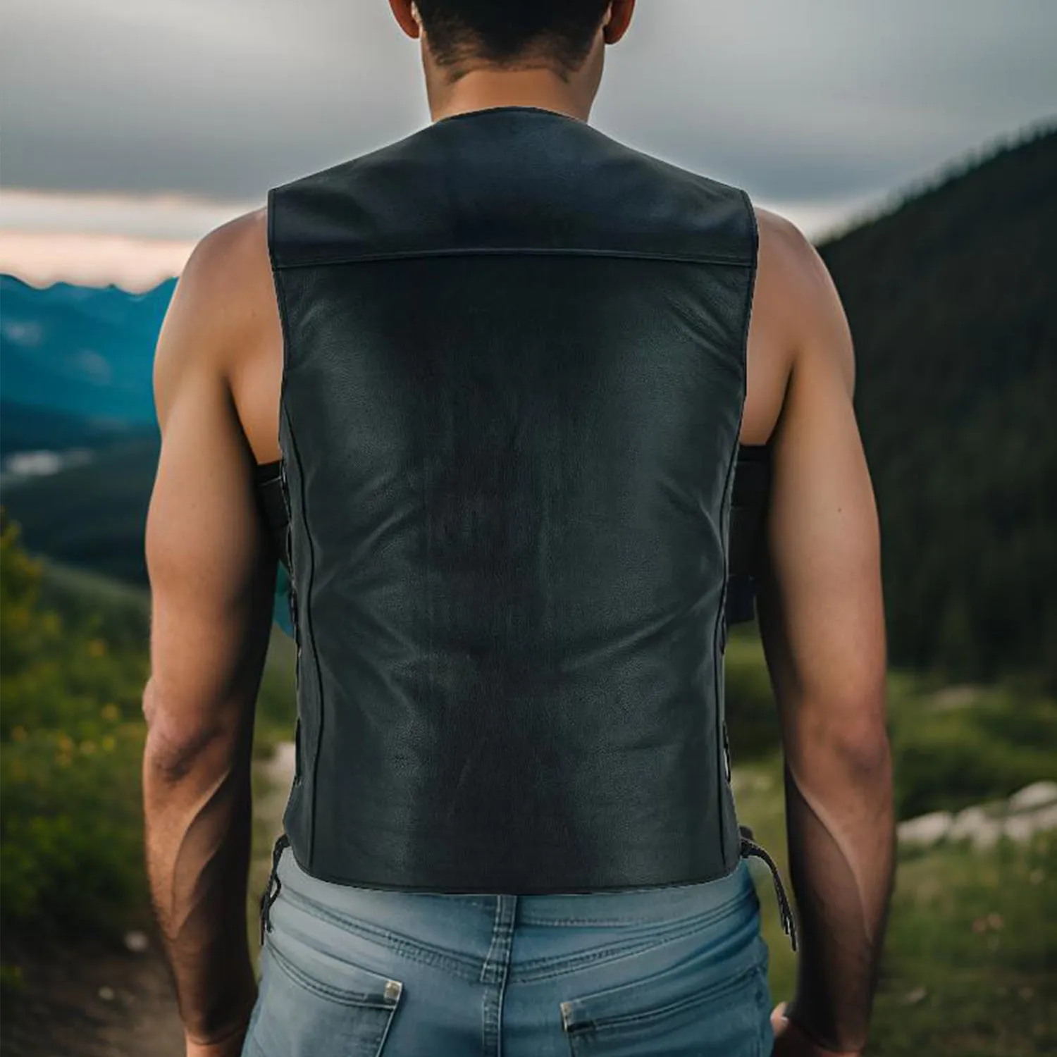 Leather Motorcycle Biker Style Waistcoat Vest With Laced Up Sides Black