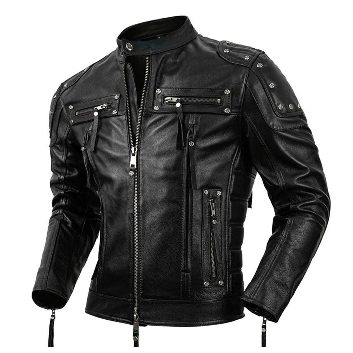 Men’s Black Biker Genuine Cowhide Stand Collar Motorcycle Rider Casual Classic Fashionable Slim Fit Zip-Up Leather Jacket