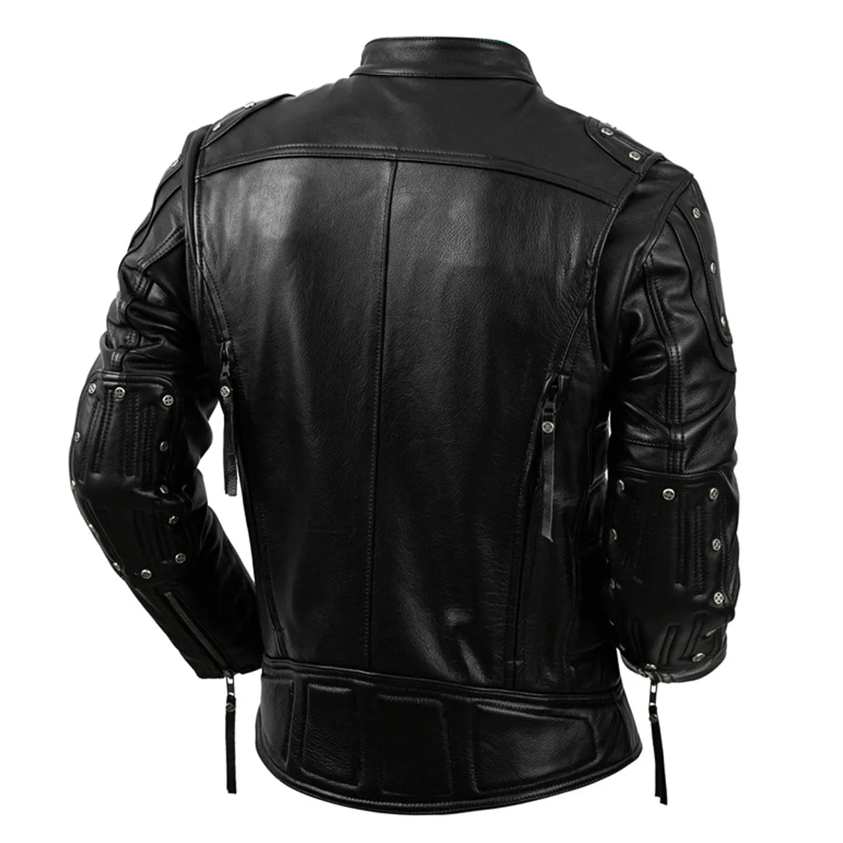 Men’s Black Biker Genuine Cowhide Stand Collar Motorcycle Rider Casual Classic Fashionable Slim Fit Zip-Up Leather Jacket