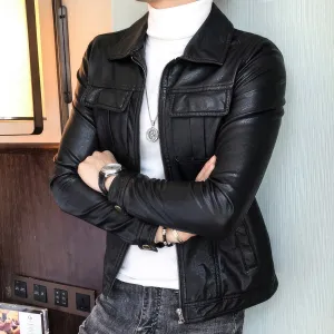 Men’s Black Biker Genuine Sheepskin Shirt Collar Café Racer Retro Zip-Up Casual Slim Fit Moto Rider Smooth Leather Jacket