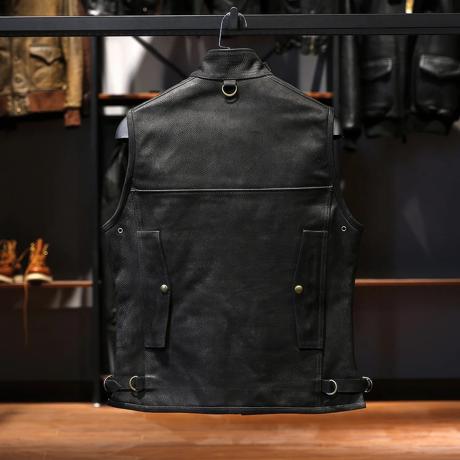 Men’s Black Genuine Cowhide Stand Collar Vest Motorcycle Biker Sleeveless Classic Retro Rock Hunter Multi Pockets Leather Waistcoat