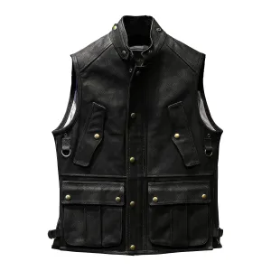 Men’s Black Genuine Cowhide Stand Collar Vest Motorcycle Biker Sleeveless Classic Retro Rock Hunter Multi Pockets Leather Waistcoat