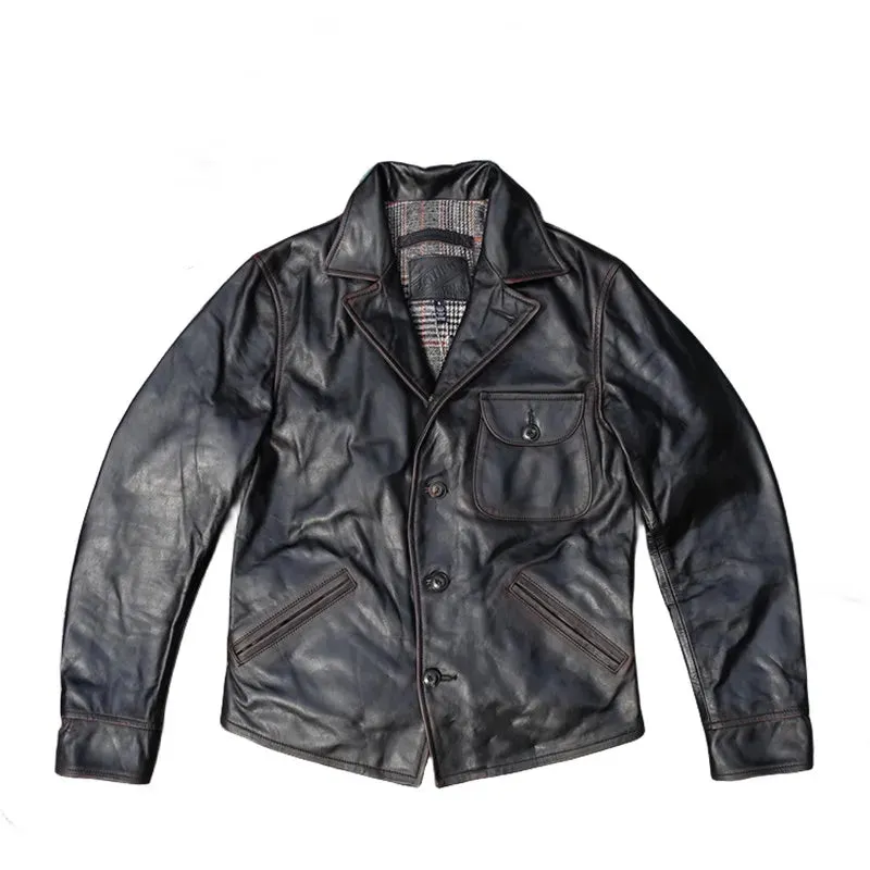 Men's Distressed Leather Biker Jacket with Four Corners Design