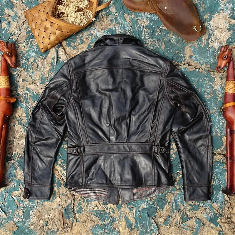 Men's Distressed Leather Biker Jacket with Four Corners Design