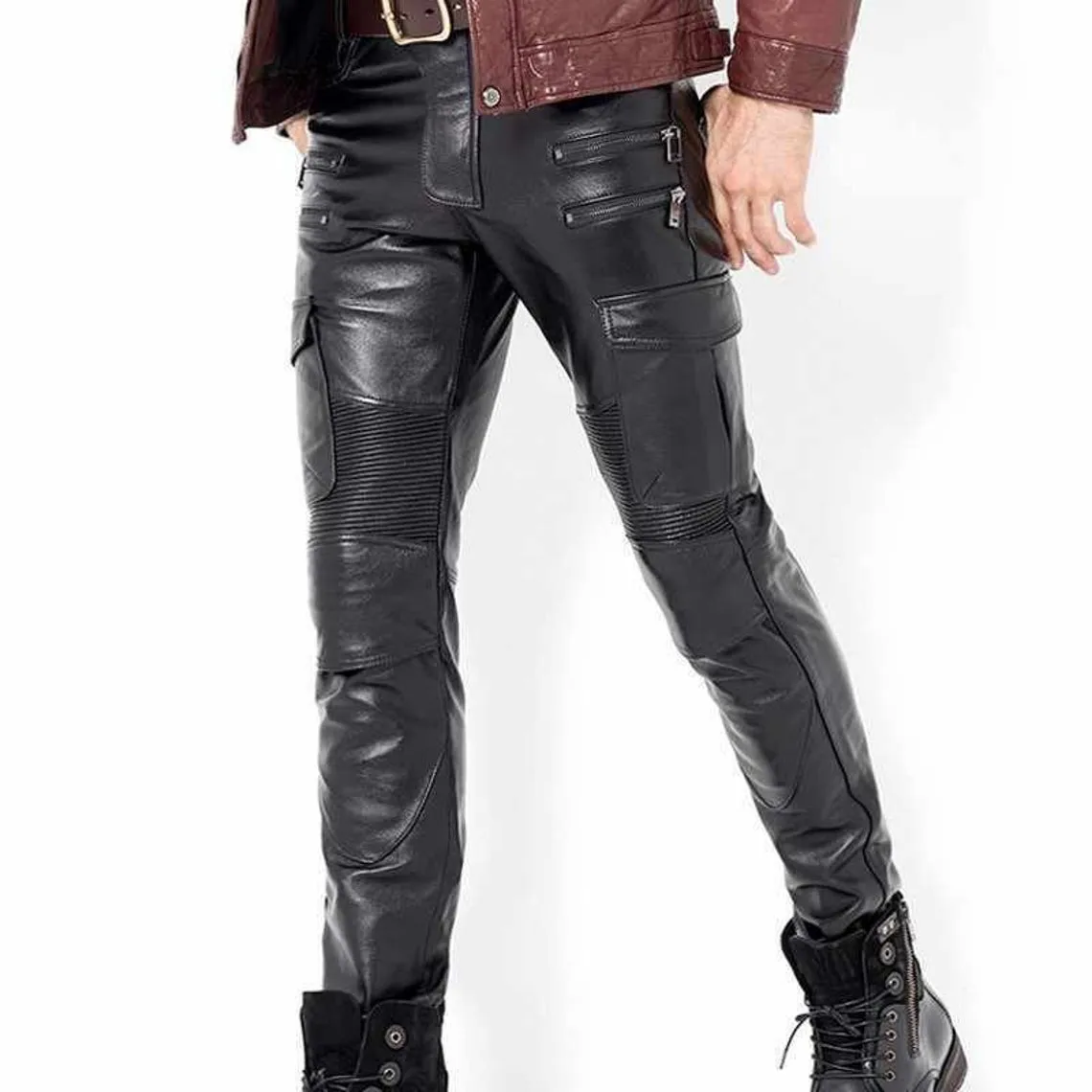 Men's Genuine Leather Black Pants Biker Cargo Pockets Slim Fit Sheep Leather Plus sizes